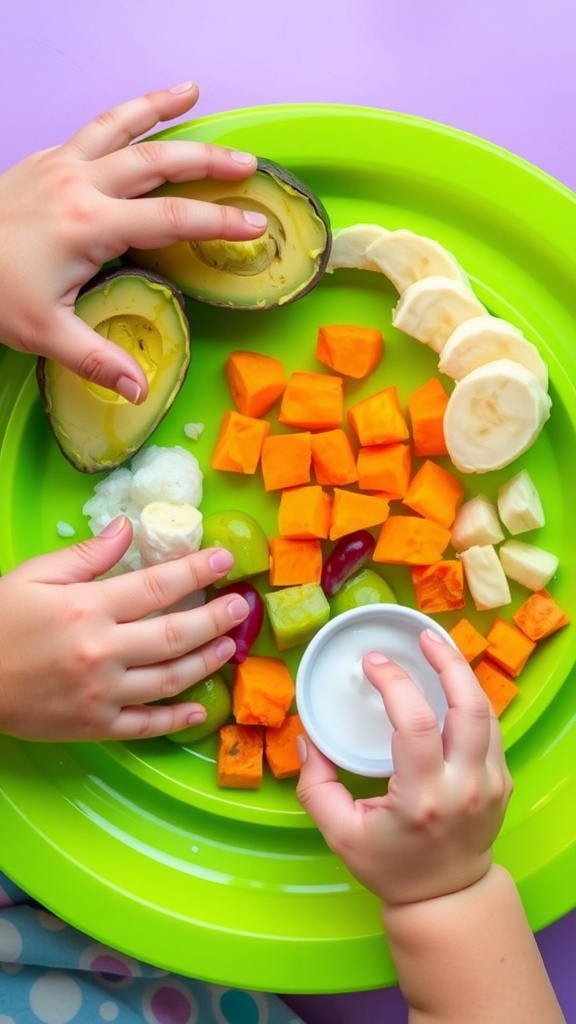 A vibrant plate of healthy baby snacks including avocado, banana, sweet potato, vegetables, and yogurt, perfect for a 9-month-old.